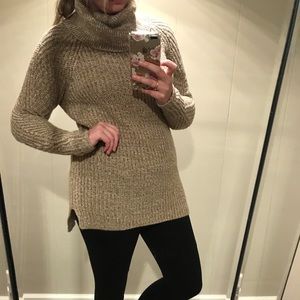 Long cowl neck tan sweater